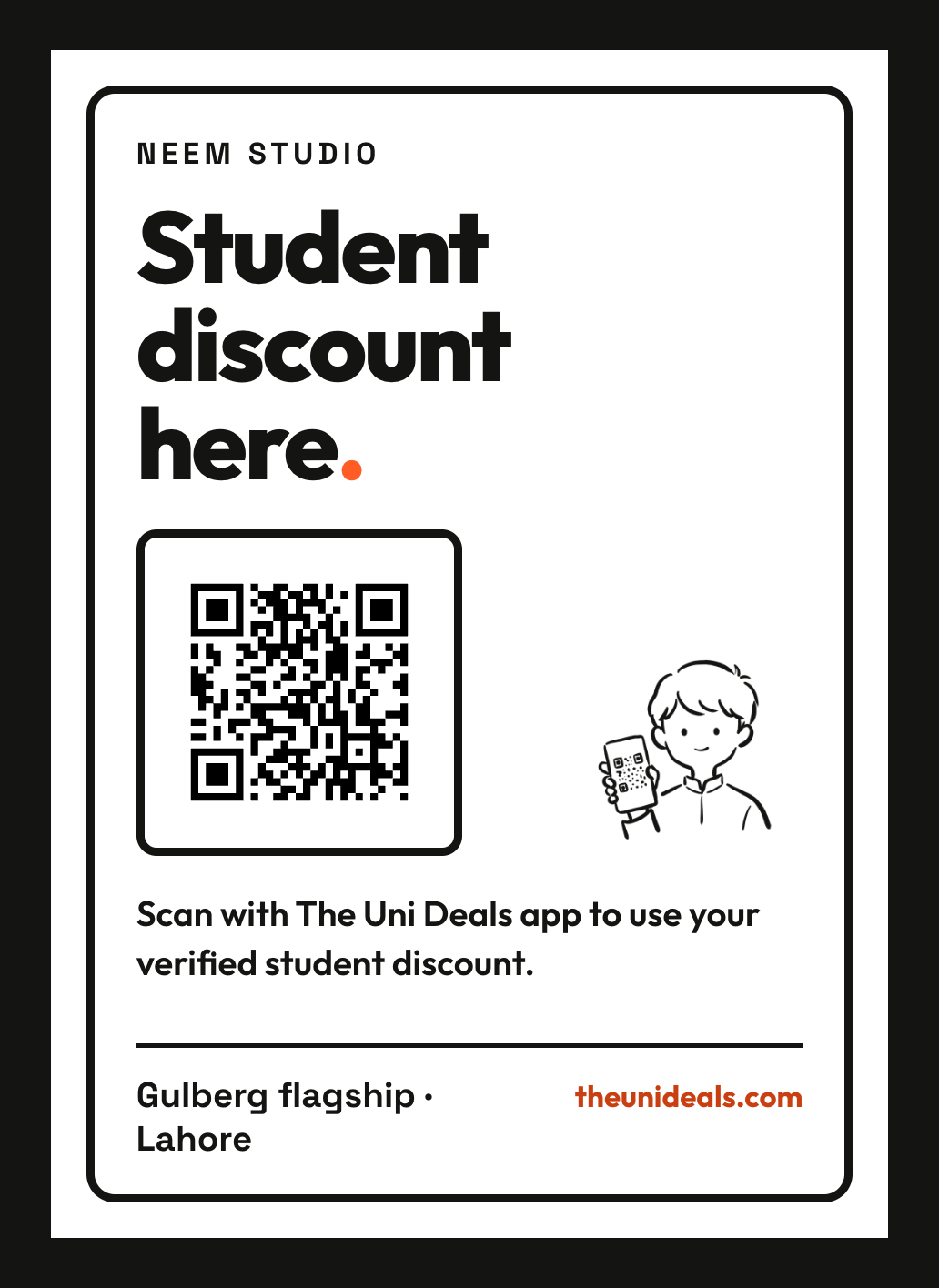 The printable A5 poster the portal generates for one branch: the brand name, the words Student discount here, a QR code, and the branch name Gulberg flagship, Lahore along the foot