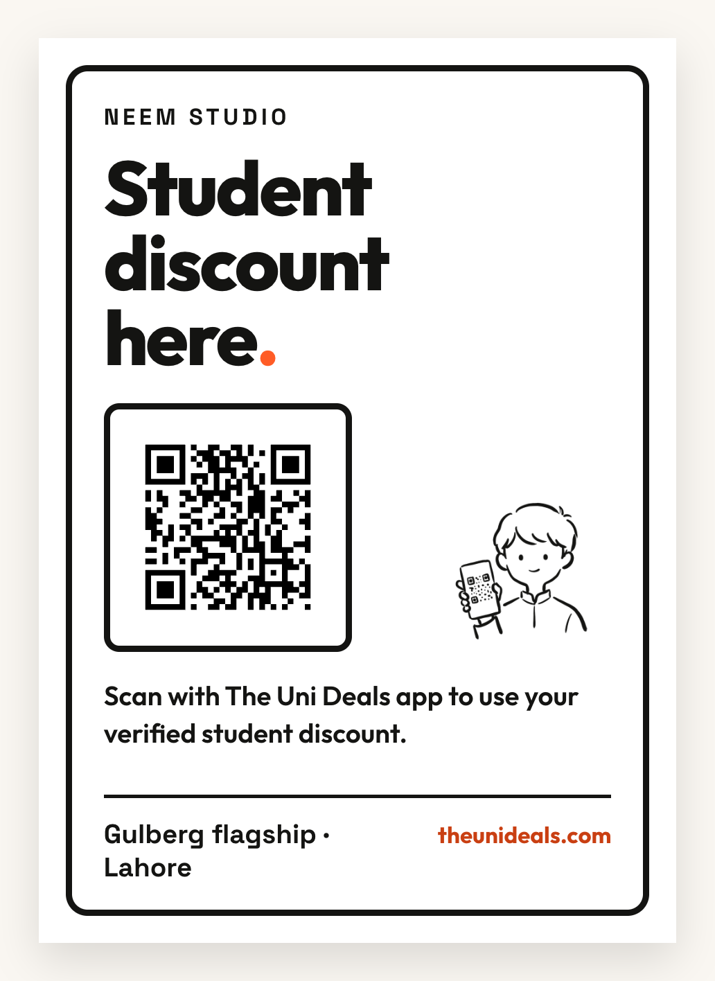 The printable A5 poster the portal generates for one branch: the brand name, the words Student discount here, a QR code, and the branch name Gulberg flagship, Lahore along the foot