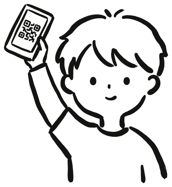 Hand-drawn student holding up a phone showing a QR code