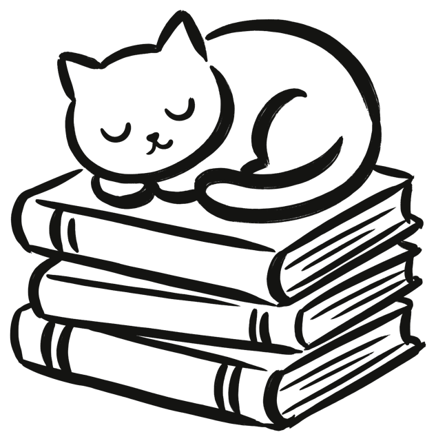 Hand-drawn cat asleep on a stack of books
