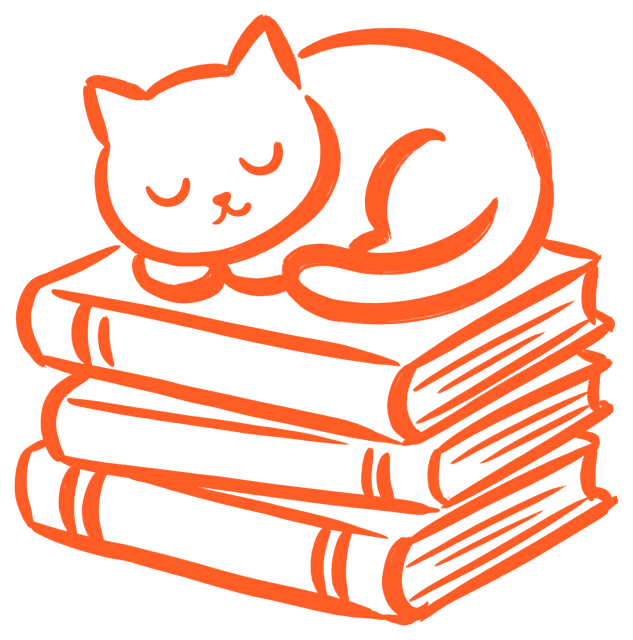 Hand-drawn cat asleep on a stack of books