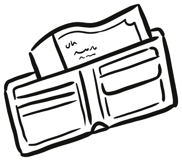Hand-drawn wallet with a banknote tucked inside